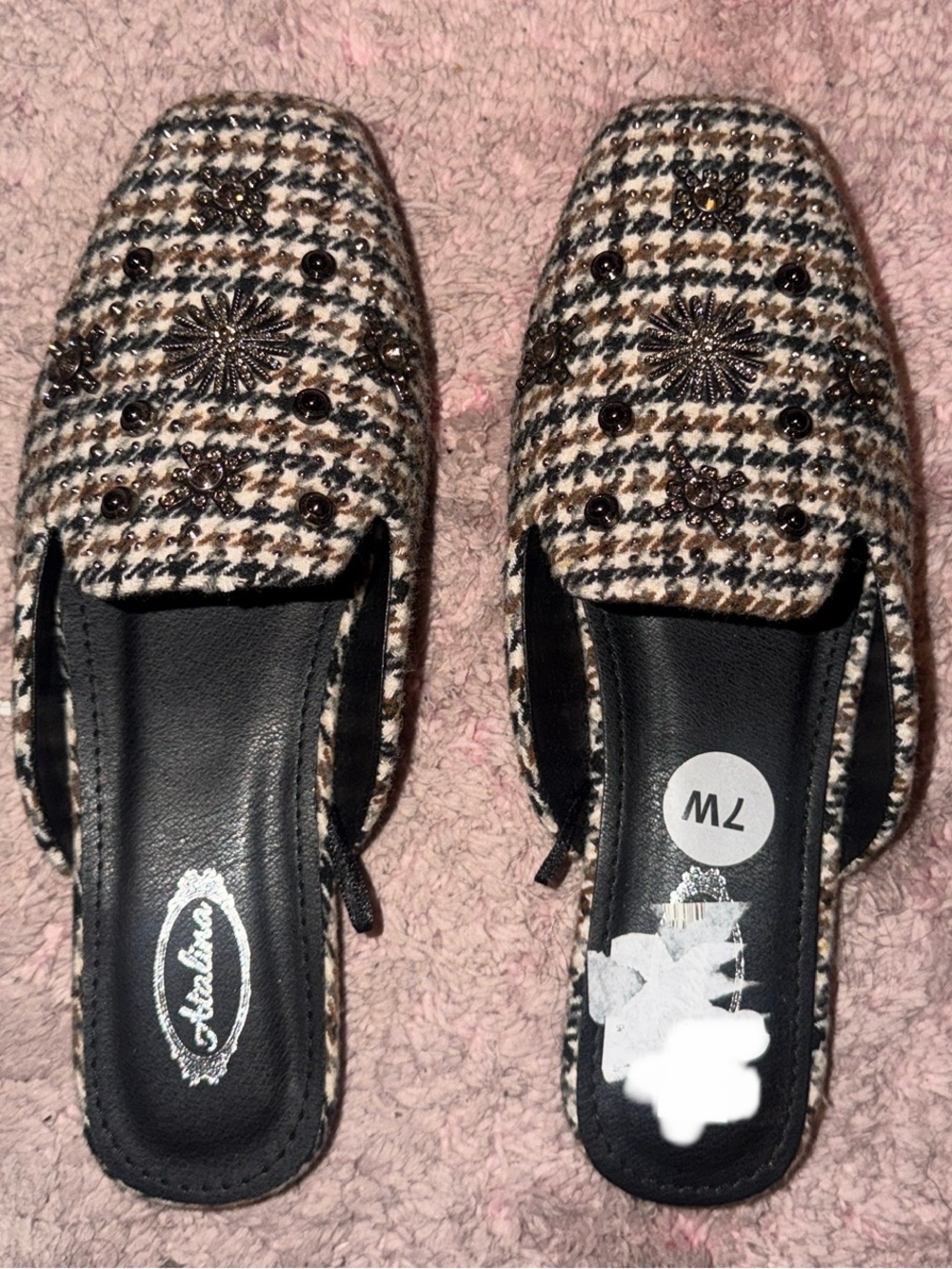 Beaded Houndstooth Slip-On Flats in Black and Brown